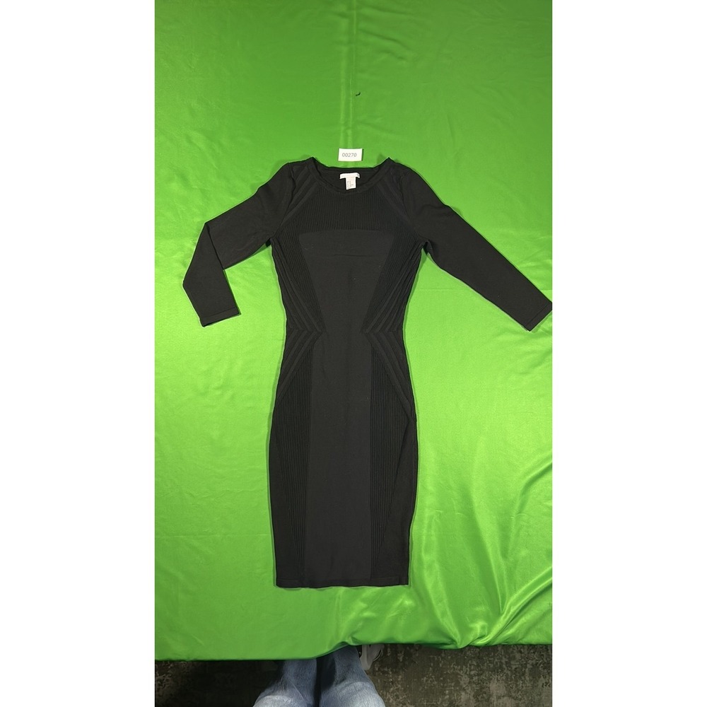 HM Ribbed Bodycon Long Sleeve Midi Dress Black XS Modernist Architectural Knit